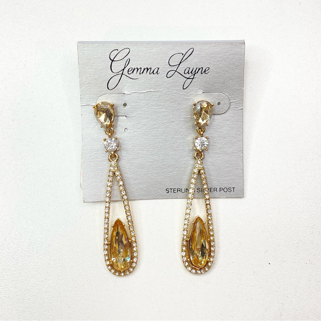 Nwt Gemma Layne Champagne Crystal Rhinestone Gold Tone Dangle Earrings